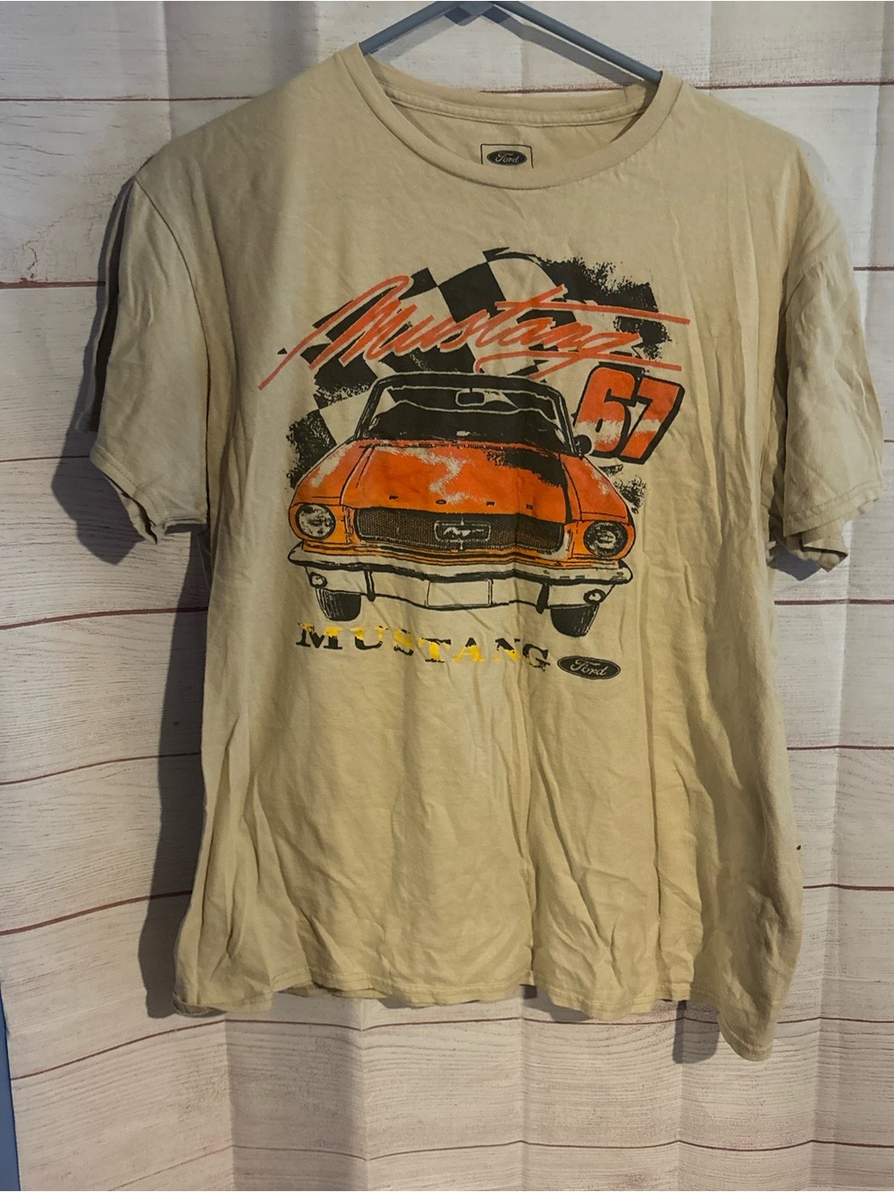 Ford Beige Short-Sleeve Tee with Orange Mustang Graphic